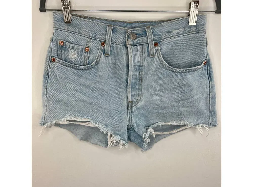 Levi's Premium Blue Light Wash Button Fly Cut Off Distressed Denim Shorts Sz 26